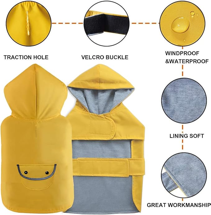 Dog Raincoat Dogs Rain Jacket Reflective Poncho Rainwear Waterproof Pet Clothes Warm Lined Pocket Hooded Leash Hole Adjustable Small Medium Dogs,Yellow,XXL,Back Length 16.0 Inch