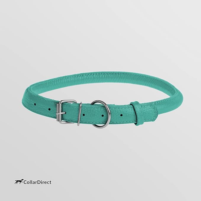 CollarDirect Rolled Leather Dog Collar, Soft Padded Round Puppy Collar, Handmade Genuine Leather Collar Dog Small Large Cat Collars 13 Colors (6-7 Inch, Mint Green Textured)