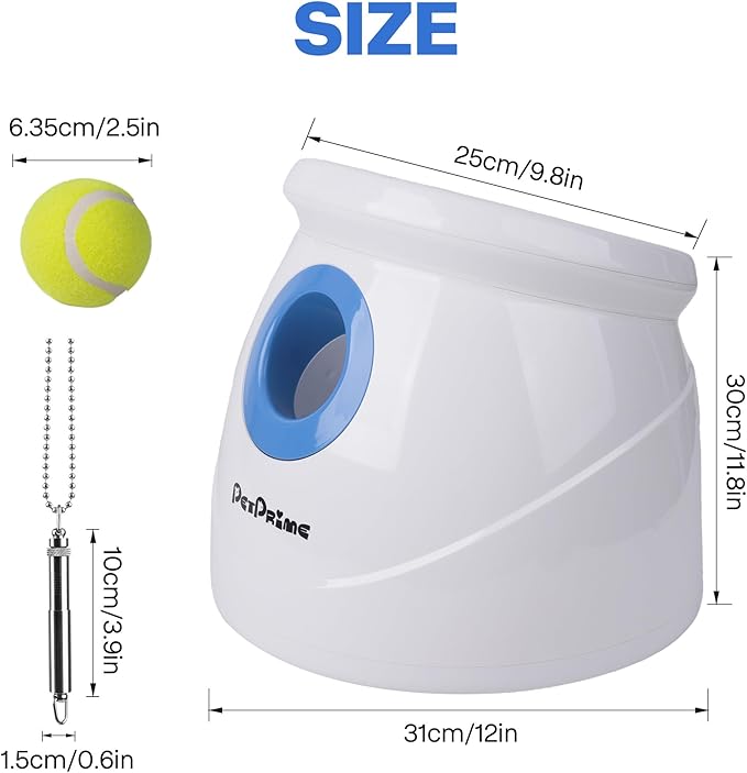 Pet Prime Automatic Ball Launcher for Large Dogs，Adjustable 10-40ft Distance,Rechargeable Dog Ball Thrower with 6 Tennis Balls(2.5") & Training Whistle,Interactive Toy for Indoor/Outdoor Play