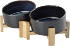 SPUNKYJUNKY 15° Slanted Ceramic Dog and Cat Bowl with Wooden Stand, Tilted Bulldog Food and Water Bowl No Slip Non-Spill for Cats Medium Dogs Big Face Pets 28.7 OZ (3.6 Cups, Starry Blue × 2)
