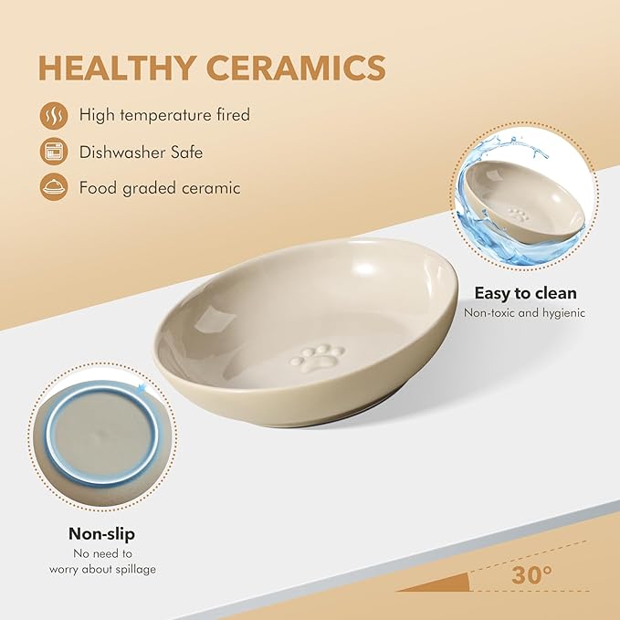 Raised Ceramic Wide Whisker Friendly Cat Dish, Anti-Slip Food&Water Bowl with 2 Style Stand Adjustable Pet Bowl Set (1Dish+Stand, Vintage Latte)
