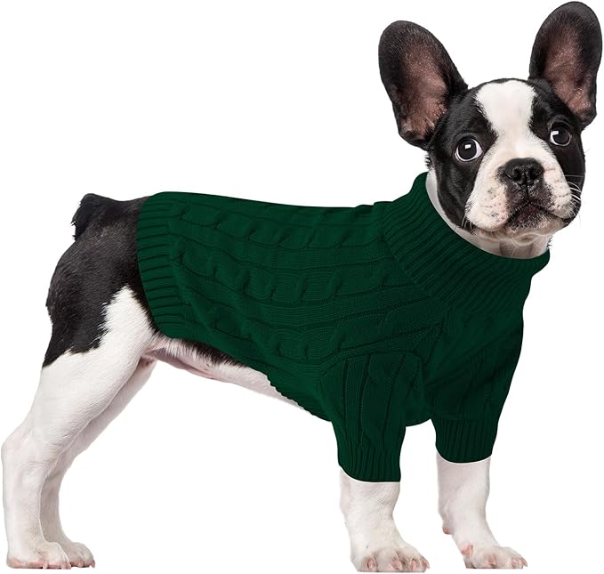 Small Dog Thermal Pullover Sweater, Classic Turtleneck Cable Knitwear Dog Clothes for Cold Weather Warm Pet Clothes for Chihuahua, Bulldog, Dachshund, Pug Green Medium
