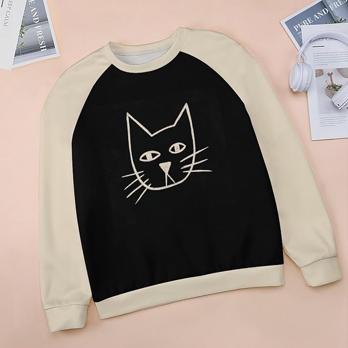 Abstract Cute Cat Shirts for Women Long Sleeve Lady Crewneck Pullover Sweatshirt Fall Winter Oversized Tops