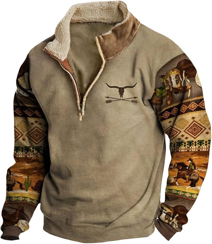 HOTYD Western Jackets for Men Cowboy Sweatshirts Vintage Ethnic Graphic Casual Long Sleeve Top 1/4 Zip Pullover Hoodies