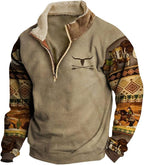HOTYD Western Jackets for Men Cowboy Sweatshirts Vintage Ethnic Graphic Casual Long Sleeve Top 1/4 Zip Pullover Hoodies