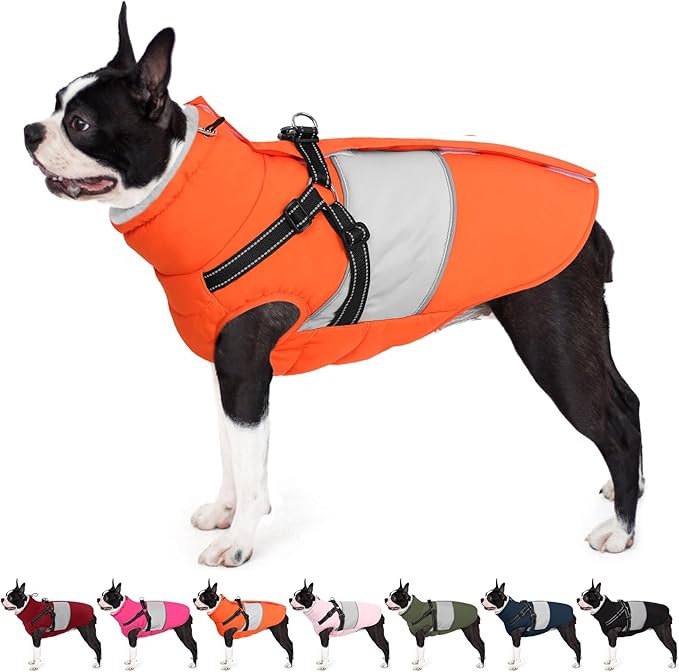 AOFITEE Small Dog Coat, Dog Winter Coat with Harness Built in, Warm Dogs Jacket with Zipper & Polar Fleece Collar, Waterproof Pet Snow Jacket Snowsuit for Schnauzer, Chihuahua Yorkshire, S
