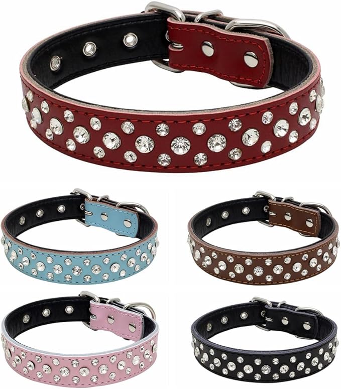 Rhinestones Dog Collar, Adjustable Sparkly Crystal Studded Genuine Leather Pet Dog Collar for Small and Medium Dogs (M, Black)