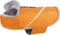 VIVAGLORY Snowrap Dog Coat, Jacket with Harness Hole & Velcro Closure, Dog Coat for Winter & Cold Weather, Fluffy Warm Fleece Lined Reflective Water Resistant for Puppy, S, Orange