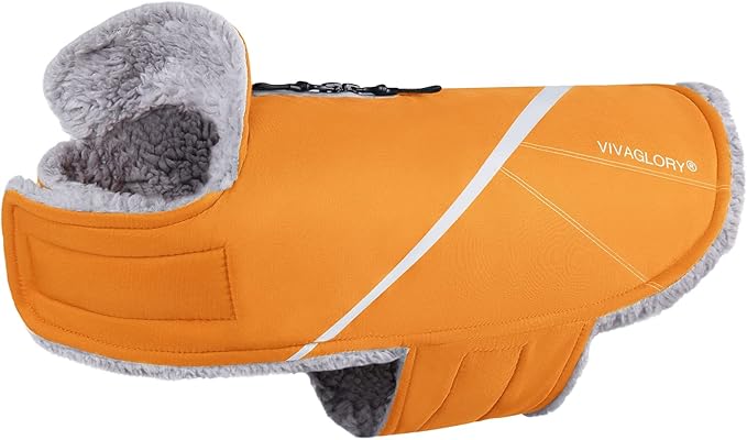 VIVAGLORY Snowrap Dog Coat, Jacket with Harness Hole & Velcro Closure, Dog Coat for Winter & Cold Weather, Fluffy Warm Fleece Lined Reflective Water Resistant for Puppy, M, Orange