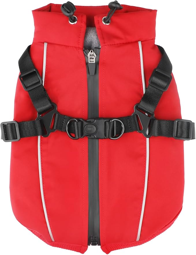 Dog Winter Coat Reflective Water-Resistant Jacket, Fleece Lined Windproof Puppy Coat with Back Zipper & D-Ring, Cold Weather Dog Coats for Small Medium Large Dogs (XXL, Red)