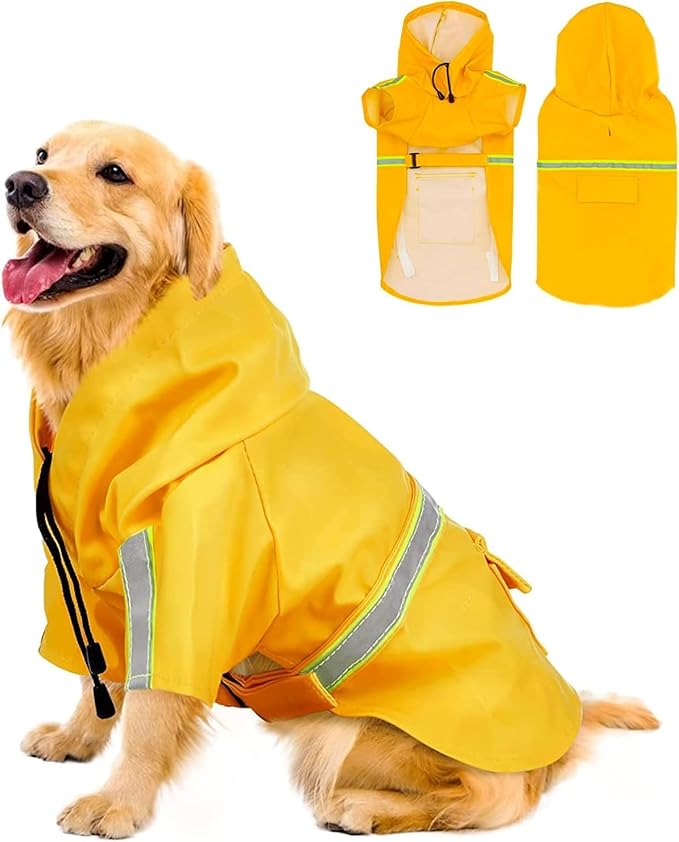 Reflective Strip Dog Raincoat, Ultra - Light Breathable Waterproof Rain Jacket with Hood, Adjustable Sizes for Small/Medium/Large Dogs, (L)