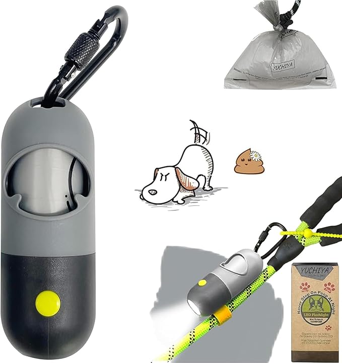 Dog Poop Bag Holder Dispenser with LED Flashlight - Night Visibility for Safe Evening Walks | Upgraded Hands-Free Leash Clip | Includes 15 Dog Waste Bags(Gray)