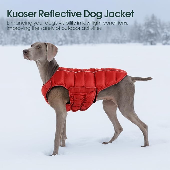 Kuoser Dog Puffer Jacket Warm Dog Coat for Extra Large Dogs, Windproof Reflective Pet Padded Vest Cold Weather Clothes Puppy Snowsuit with Hook & Loop Coats, Easy On/Off, Red 3XL