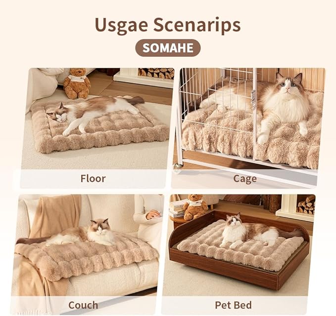 Plush Cat Beds for Indoor Cats Faux Fur Pet Mat with Non-Slip Bottom Cozy Kitten Bed for Carriers/Couch/Floor/Dog & Puppy Friendly 23 x 15 Inch Medium Coffee