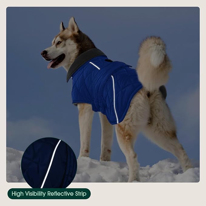 Kuoser Dog Coat, Super-Warm Dog Jacket Windproof Dogs Cold Weather Coats for Extra Large Dogs, Fleece Lining Turtleneck Puppy Snowsuit Reflective Adjustable Pet Winter Clothes Christmas, Blue 3XL
