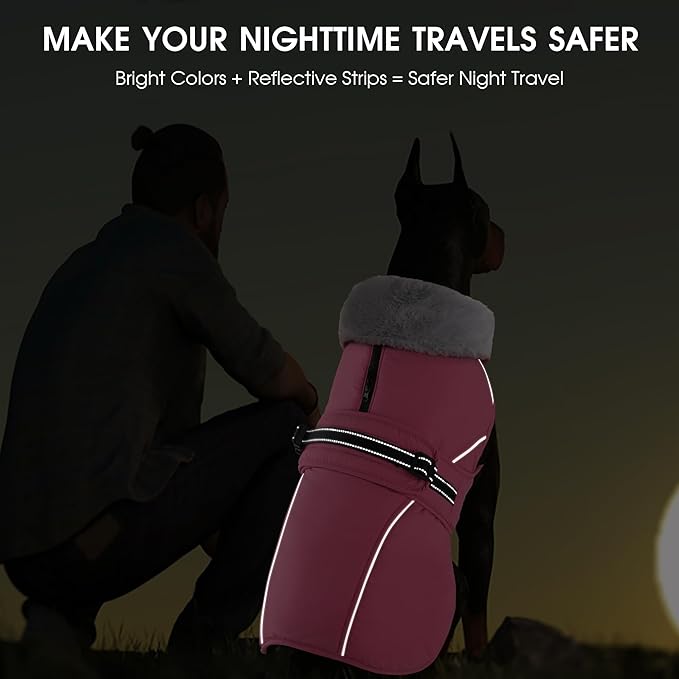 PETDSH Dog Coat Large, Windproof Dog Jacket with Warm Fleece Lining, Thickened Collar Dogs Winter Coat, Adjustable Reflective Pet Coats for Cold Weather (Pink, XXX-Large)