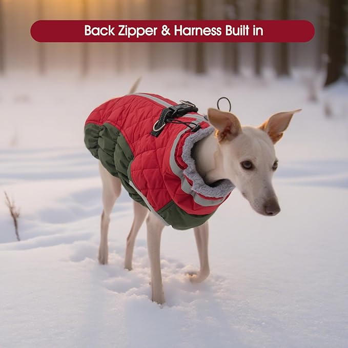 FUAMEY Dog Coat for Small Dogs,Waterproof Dog Winter Jacket with Harness Built in Puppy Cold Weather Coats Reflective Pet Vest with Zipper Warm Fleece Dogs Snowsuit Windproof Christmas XS