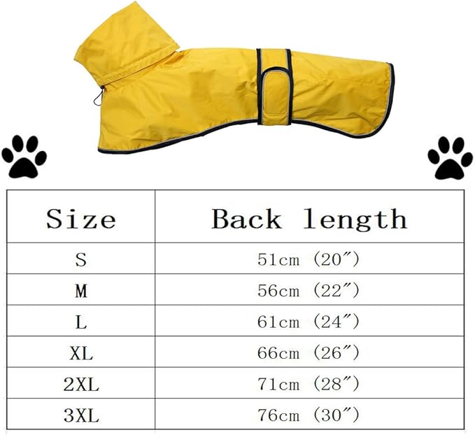 Dog Raincoat with Reflective Bar, Rain/Water Resistant, Adjustable Vest - Dog Raincoats for Greyhounds, Lurchers and Whippets - Yellow - XXL