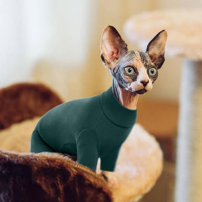 ROZKITCH Cat Coats for Cats Only, Breathable Soft Pet Jumpers for Hairless Cats Only, Coat with Four Legs, Warm Sweater T-Shirt Pajamas Jumpsuit Vest Cornish Rex Devon Rex Peterbald DarkGreen XS