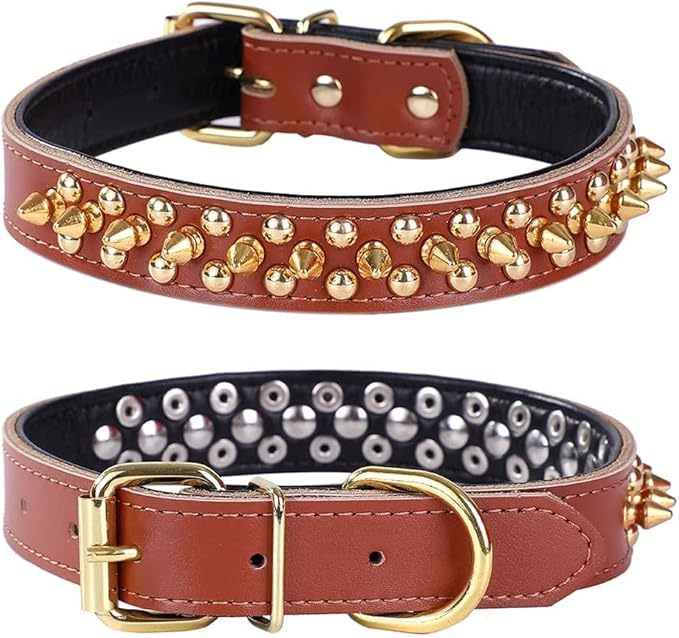 Adjustable Genuine Leather Spiked Studded Dog Collars for Small Medium Large Pets Like Pit Bull Bulldog Pugs Husky (M, Brown2)