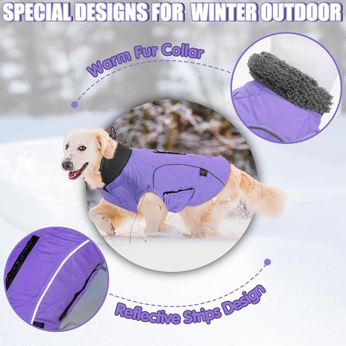 EMUST Winter Coat for Large Dogs, Windproof Dog Jacket for Cold Weather, Extra Warm Pet Winter Clothes for Small Medium Large Dogs, Purple, XXL