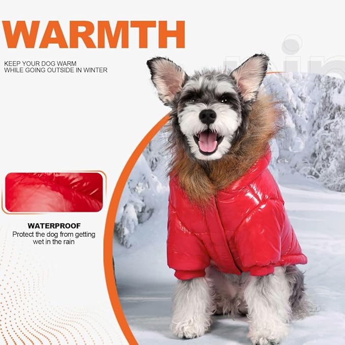 PINA Dog Winter Coat, Dog Winter Jacket with Large Faux Fur Hood, Dog Winter Vest Windproof and Warm, Suitable for Small to Large Dogs, Red, L