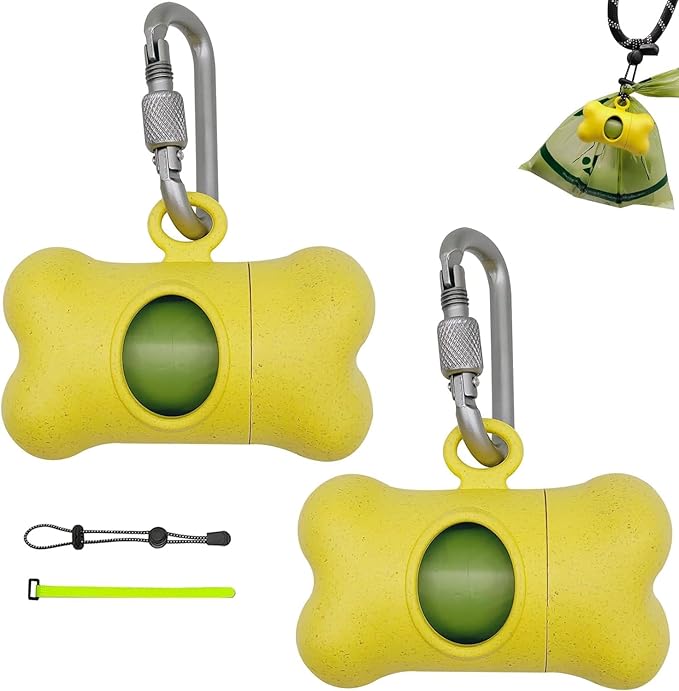 Bone-Shaped Dog Poop Bag Holder for Leash |Dispenser with 30 Leak-Resistant Waste Bags & Carabiner Clip (2 Pack Yellow)