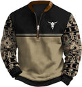 HOTYD Aztec Cowboy Jacket Men Vintage Bullhorn Printed Oversized Western Sweatshirt Long Sleeve Quarter Zip Pullover