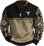 HOTYD Aztec Cowboy Jacket Men Vintage Bullhorn Printed Oversized Western Sweatshirt Long Sleeve Quarter Zip Pullover