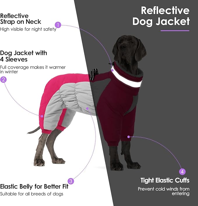 SUNFURA Full Body Dog Coat - Warm Fleece Jacket for Medium Dogs, Turtleneck Winter Coats with Harness, Reflective Dog Snowsuit Windproof Puffer Jackets with Legs for Boston Terrier, Hot Pink M