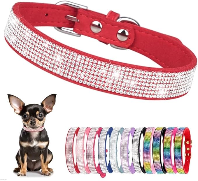 Serijoars Small Dog Collar with Rhinestone Crystal Diamond Colorful Bling Girl Puppy Cat Collars (XXS, Red)