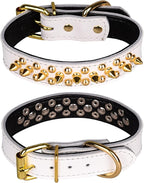 Adjustable Genuine Leather Spiked Studded Dog Collars for Small Medium Large Pets Like Pit Bull Bulldog Pugs Husky (L, White2)