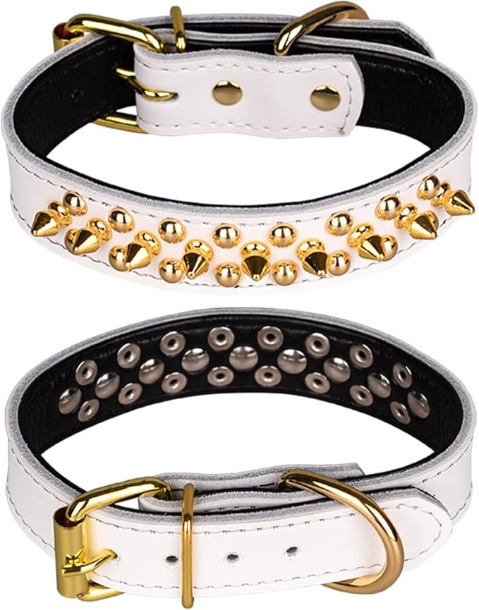 Adjustable Genuine Leather Spiked Studded Dog Collars for Small Medium Large Pets Like Pit Bull Bulldog Pugs Husky (M, White2)