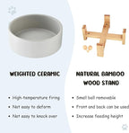 SPUNKYJUNKY 15° Slanted Ceramic Dog and Cat Bowl with Wooden Stand, Tilted Bulldog Food and Water Bowl No Slip Non-Spill for Cats Medium Dogs Big Face Pets 28.7 OZ (3.6 Cups, Grey)