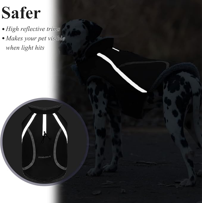 VIVAGLORY Frostfit Dog Coat, Dog Jacket for Winter & Cold Weather, Warm Fluffy Fleece Lined Water Resistant Reflective for Puppy, Coat with Velcro Fastening & Leash Hole, M+, Black