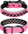 Adjustable Genuine Leather Spiked Studded Dog Collars for Small Medium Large Pets Like Pit Bull Bulldog Pugs Husky (L, Hot Pink1)