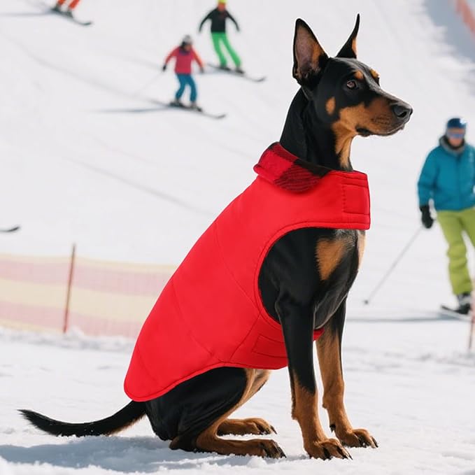 ASENKU Dog Winter Coat, Fleece Doggie Jacket Plaid Reversible Vest Waterproof Windproof Cold Weather Clothes for Small Medium Large Dogs(L,Red)