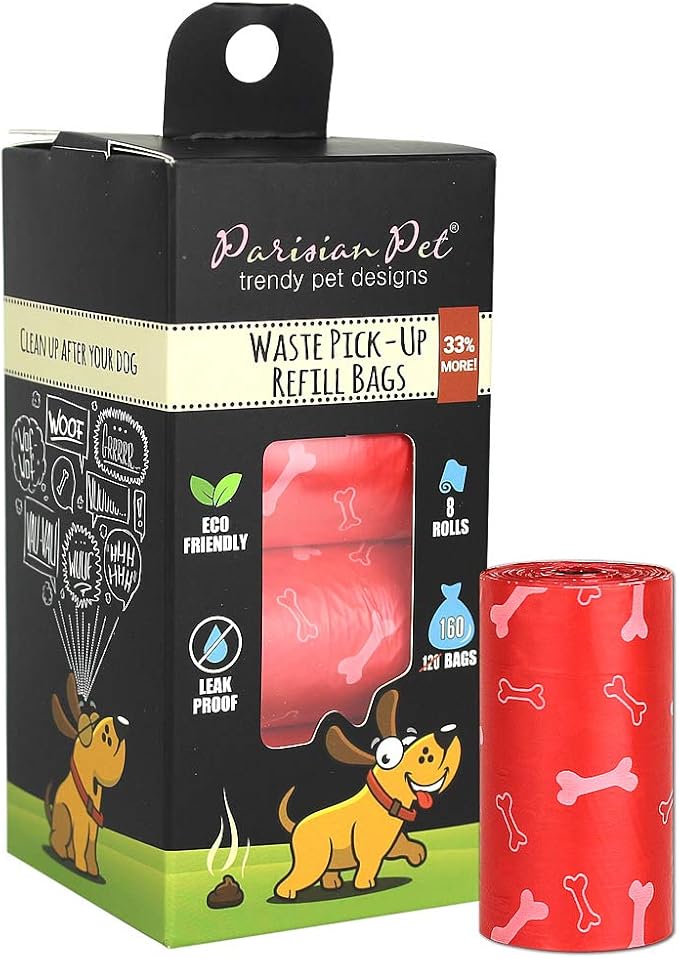 Parisian Pet Ecofriendly Dog Poop Bags Rolls - 160 Count Unscented Poop Bags for Dogs - Leakproof, Extra Thick, 8 Dog Waste Bags Refill Rolls - Printed Bone Red Doggie Poop Bags - Fits All Dispenser