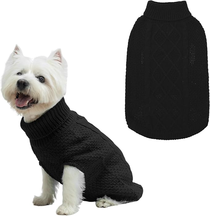 Mihachi Turtleneck Dog Sweater - Winter Coat Apparel Classic Cable Knit Clothes with Leash Hole for Cold Weather, Ideal Gift for Pet in New Year Black X-Small