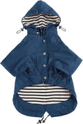 Dog Zip Up Raincoat with Reflective Buttons, Rain/Water Resistant, Adjustable Drawstring, Removable Hood, Raincoats with Legs 8lbs to 80lbs Available - Dark Blue - Small
