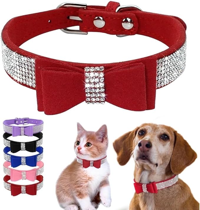 Serijoars Small Dog Collar with Rhinestone Crystal Diamond Colorful Bling Girl Puppy Cat Collars (XS, Red1)