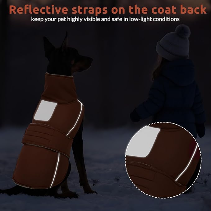 ASENKU Warm Dog Coat, Waterproof Dog Jackets for Medium Dogs with Reflective Fleece Vest Turtleneck with Button, Windproof Cold Weather Coats for Small Medium Large Dogs, Red Brown, M