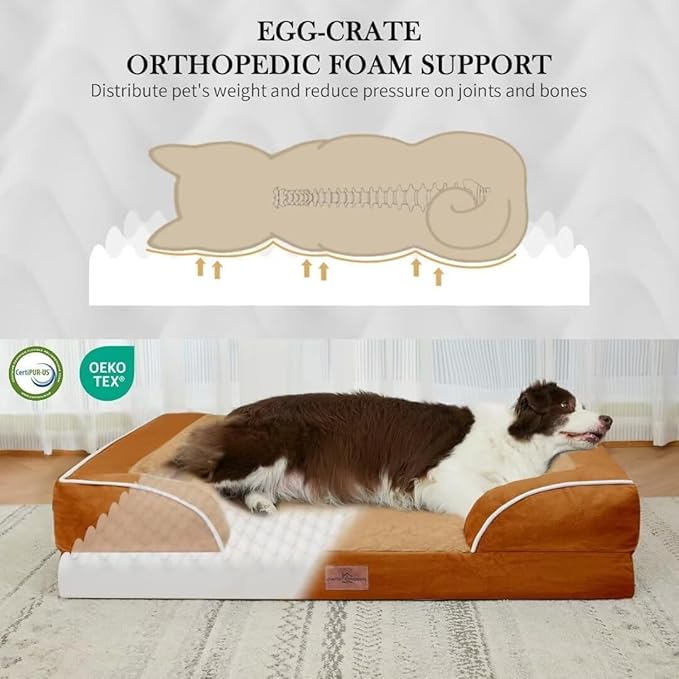 Comfort Expression Orthopedic Dog Bed for Small Dogs 24x16 Inch, Waterproof Supportive Egg Crate Foam Small Pet Bed with Removable Bolsters, Dog Couch with Washable Cover & Non-Slip Bottom, Orange