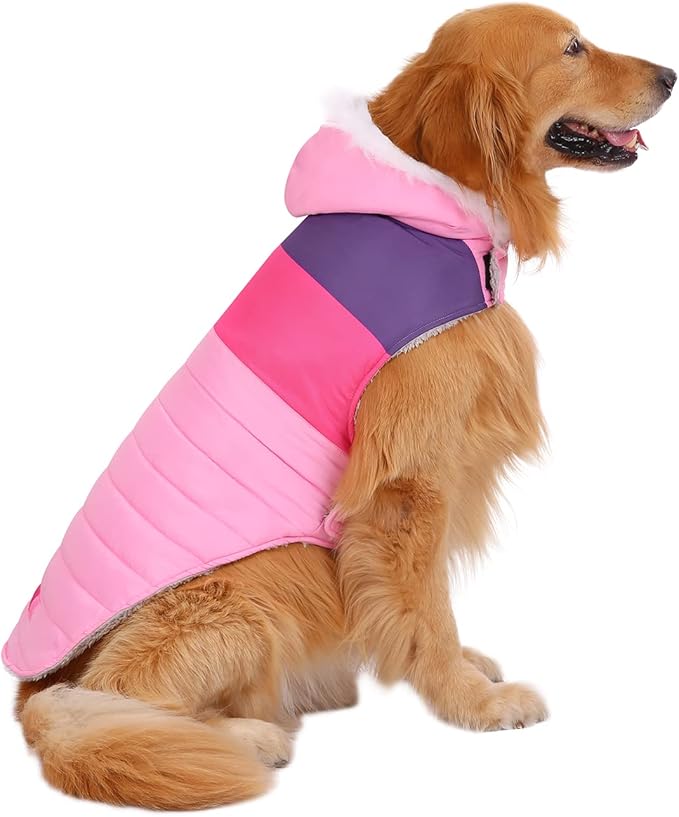 HDE Dog Puffer Jacket Fleece Lined Warm Dog Parka Winter Coat with Harness Hole Pink Stripe - XXL