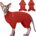 ROZKITCH Hairless Cat Clothes, Breathable Soft Cat Jumpers for Cats Only, Cat Coat with Four Legs, Warm Cat Sweater Cat T-Shirt Cat Pajamas Jumpsuit Vest Cornish Rex Devon Rex Peterbald Red XL