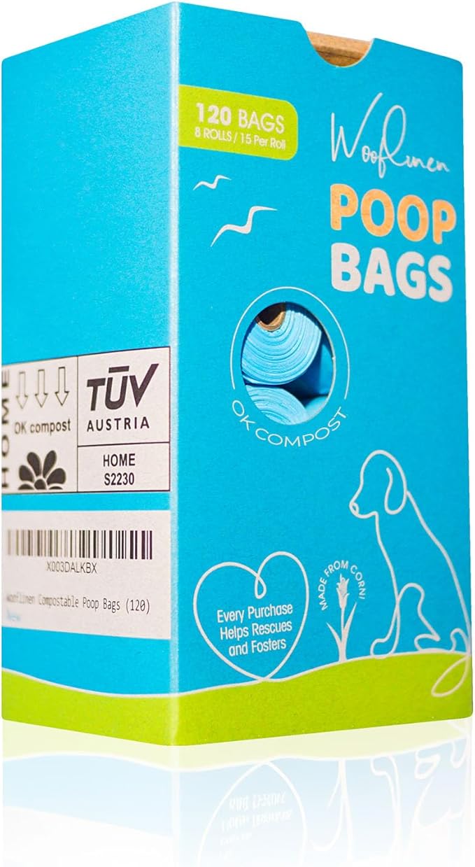 Wooflinen 100% Compostable Dog Poop Bags - EN13432 Home Compost Certified Dog Waste Bags, 120 Count (8 Rolls) - Easy Open - Large and Thick