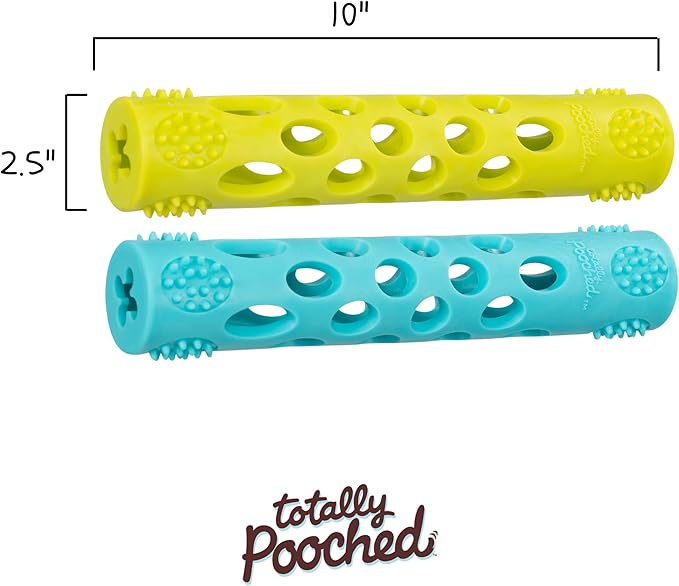 Messy Mutts Totally Pooched Huff'n Puff Stick | 10” x 2” TPR Puzzle Stick for Dogs | 2-in-1 Durable Interactive Toy and Tooth Cleaner | Green