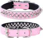Adjustable Genuine Leather Spiked Studded Dog Collars for Small Medium Large Pets Like Pit Bull Bulldog Pugs Husky (S, Pink)