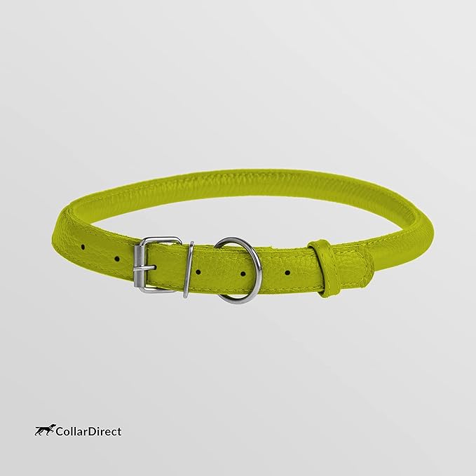 CollarDirect Rolled Leather Dog Collar, Soft Padded Round Puppy Collar, Handmade Genuine Leather Collar Dog Small Large Cat Collars 13 Colors (18-22 Inch, Lime Green Textured)