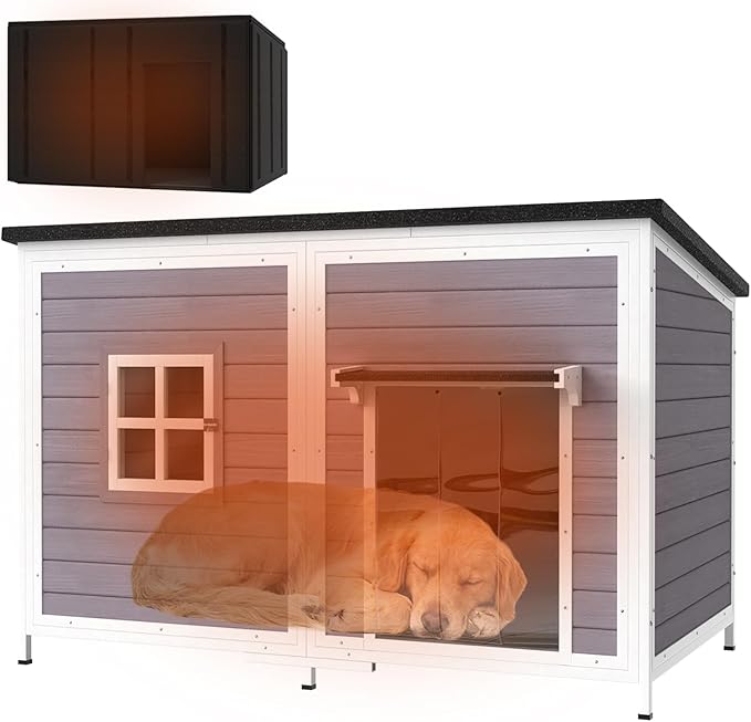 Outdoor Dog House with Insulated Liner, 59" Extra Large Breed Dog Kennel, Keep Warm in Winter Outside, Heated Anti-Chewing Metal Frame Design for Small Medium Large Dogs(Grey)